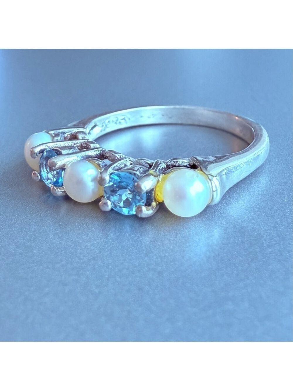 Cultured Pearl & Natural Topaz Channel Row Set Sterling Silver 925 Cocktail Ring